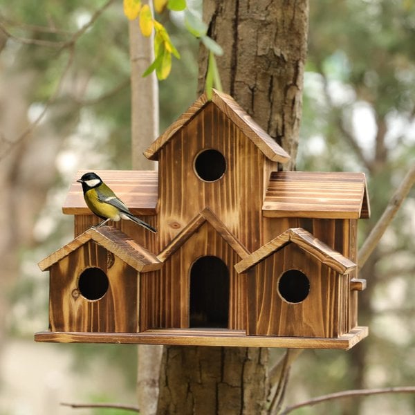 Birdhouse Natural Wood Weatherproof Six Entrances