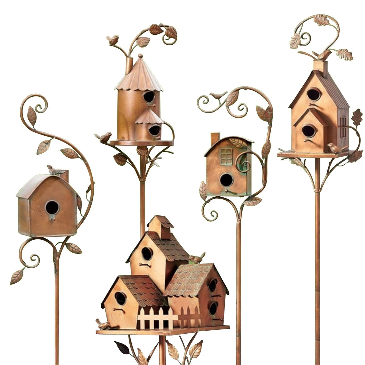 Birdhouse Stake Metal Copper-Bronze Leaf & Vine