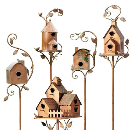 Birdhouse Stake Metal Copper-Bronze Leaf & Vine