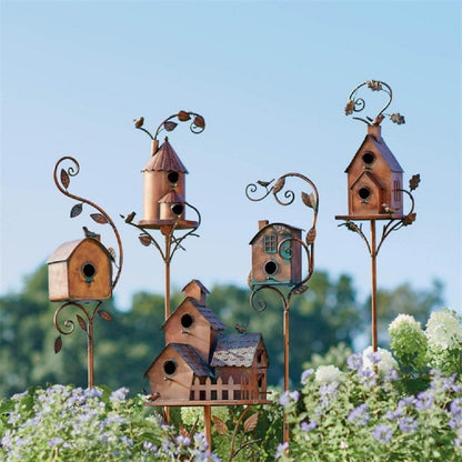Birdhouse Stake Metal Copper-Bronze Leaf & Vine