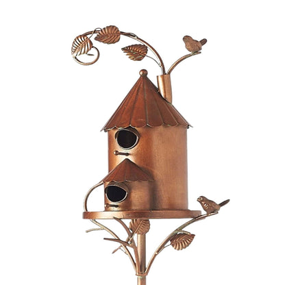 Birdhouse Stake Metal Copper-Bronze Leaf & Vine