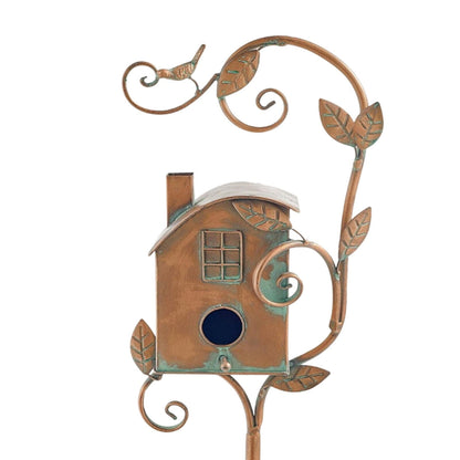 Birdhouse Stake Metal Copper-Bronze Leaf & Vine