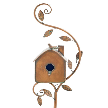 Birdhouse Stake Metal Copper-Bronze Leaf & Vine