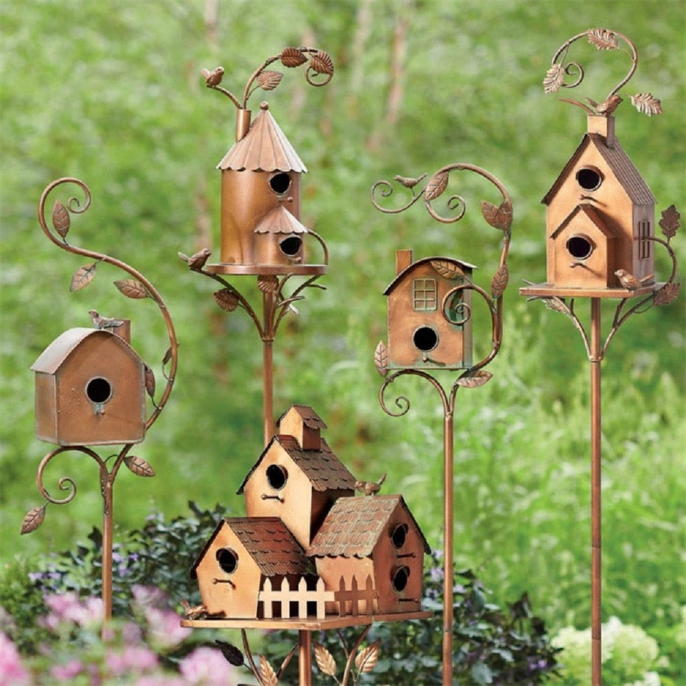 Birdhouse Stake Metal Copper-Bronze Leaf & Vine