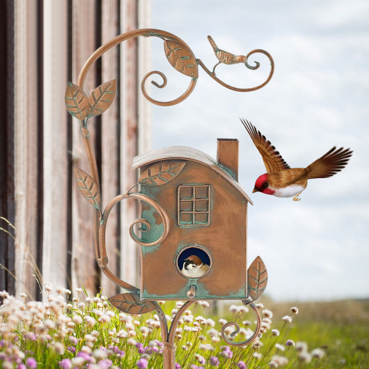 Birdhouse Stake Metal Copper-Bronze Leaf & Vine