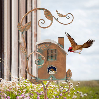 Birdhouse Stake Metal Copper-Bronze Leaf & Vine