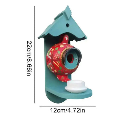 Birdhouse Teapot Design Hand-Painted Weather-Resistant Resin