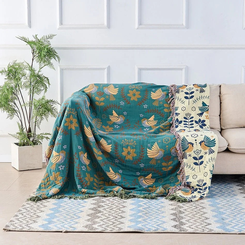 Blanket 100% Cotton Reversible Bird Motif Four-Layer Jacquard Weave
