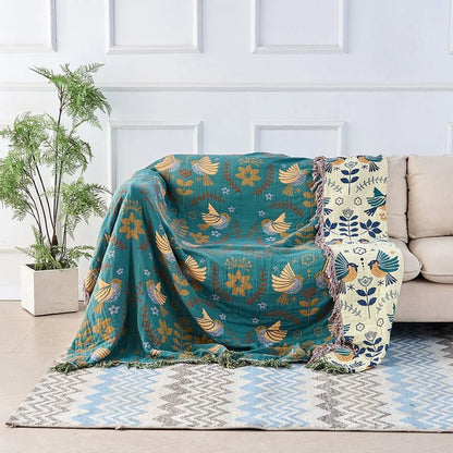 Blanket 100% Cotton Reversible Bird Motif Four-Layer Jacquard Weave