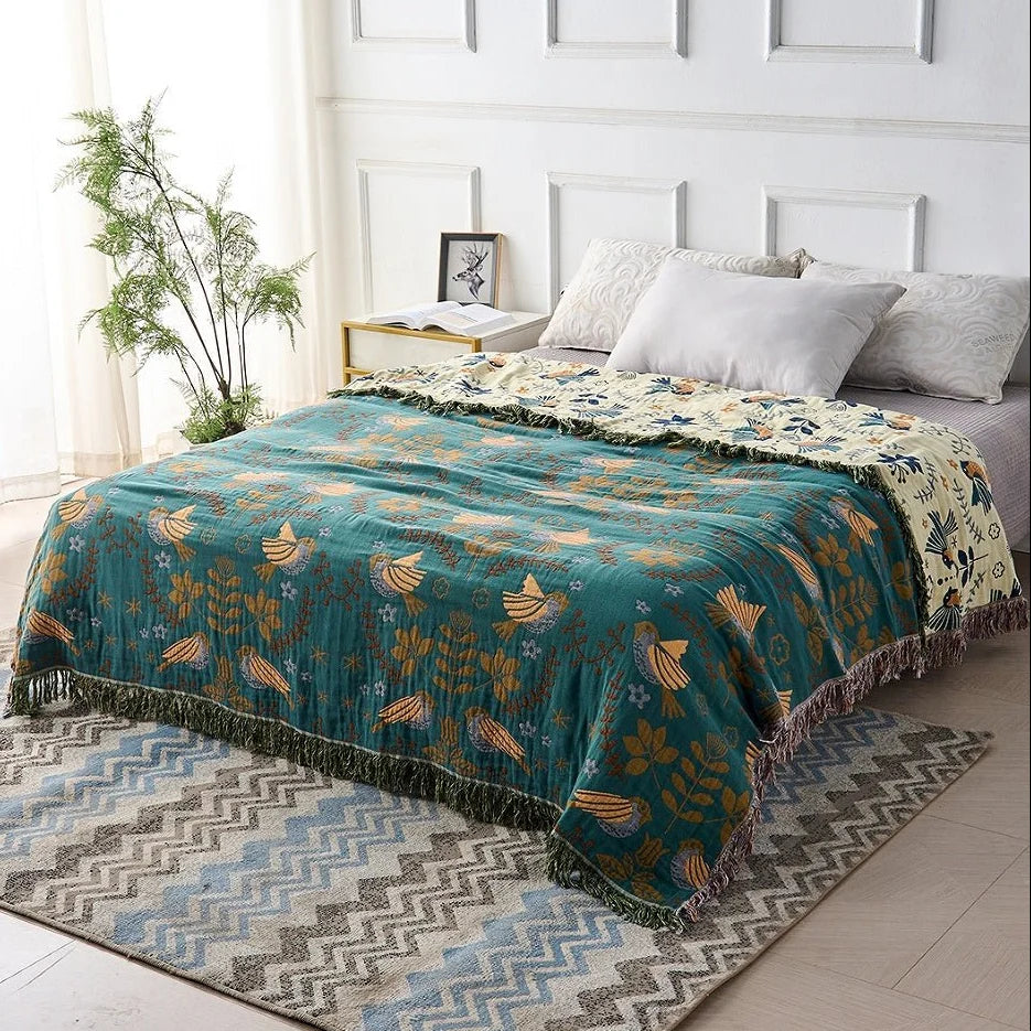 Blanket 100% Cotton Reversible Bird Motif Four-Layer Jacquard Weave