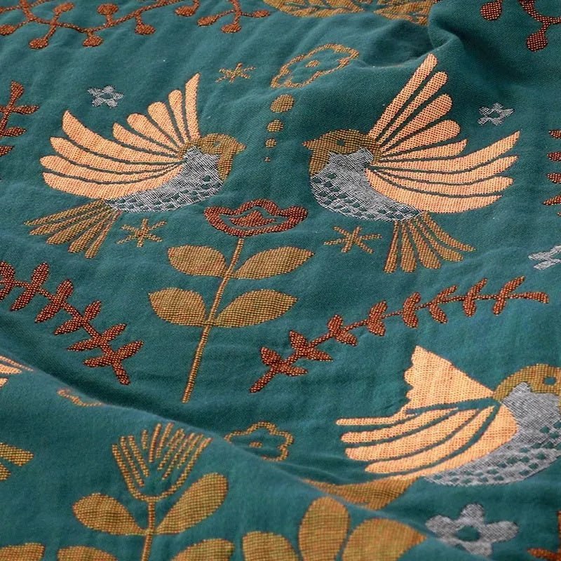 Blanket 100% Cotton Reversible Bird Motif Four-Layer Jacquard Weave