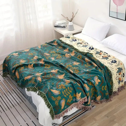 Blanket 100% Cotton Reversible Bird Motif Four-Layer Jacquard Weave