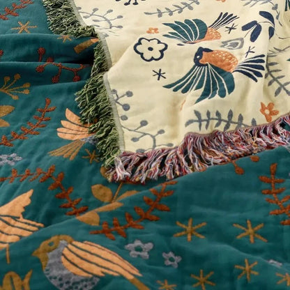 Blanket 100% Cotton Reversible Bird Motif Four-Layer Jacquard Weave
