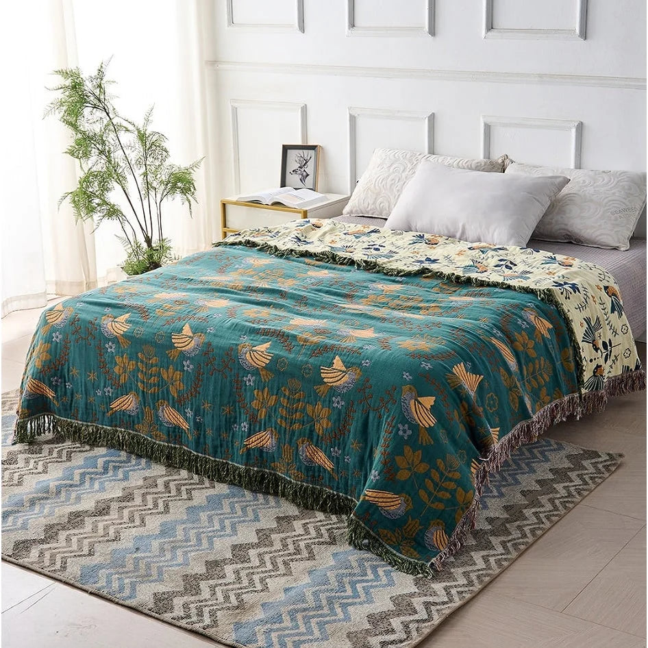 Blanket Reversible Cotton Bird & Floral Design