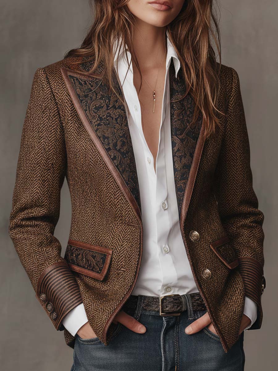 Blazer Herringbone Pattern Paisley Lapels Tailored Fit