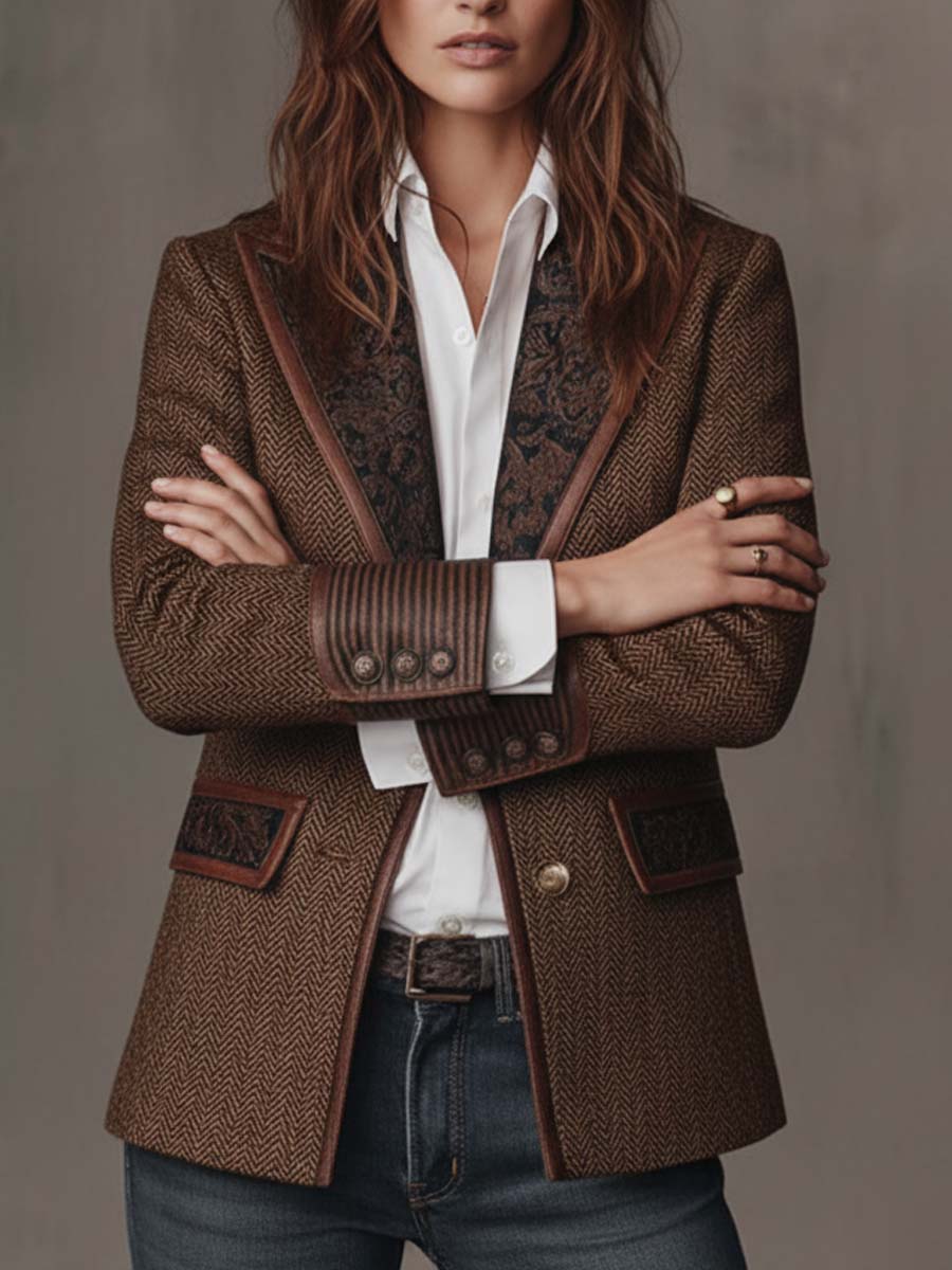 Blazer Herringbone Pattern Paisley Lapels Tailored Fit