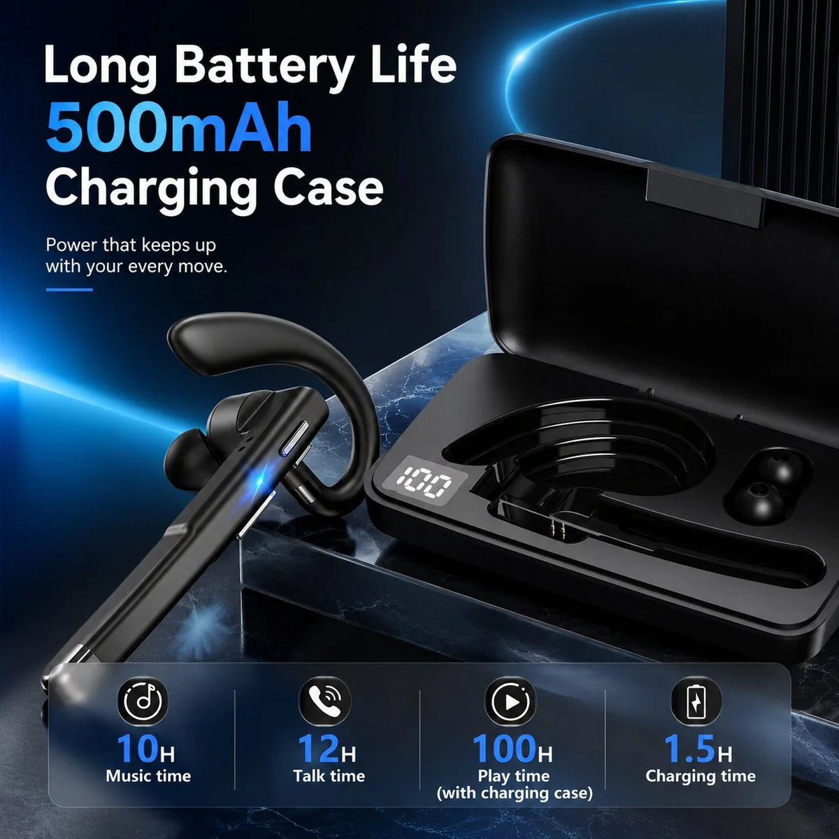 Bluetooth Headset Dual-Mic Noise Cancelling 25 Hour Talk Time