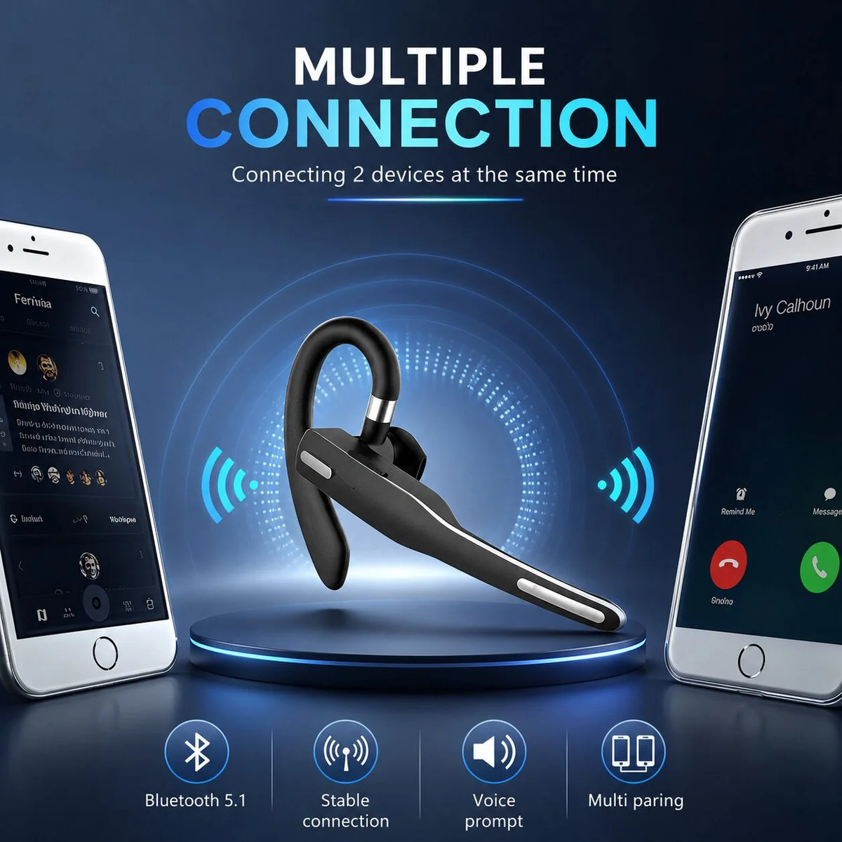 Bluetooth Headset Dual-Mic Noise Cancelling 25 Hour Talk Time
