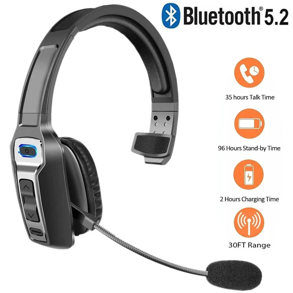 Bluetooth Headset Noise-Cancelling Microphone 35-Hour Talk Time