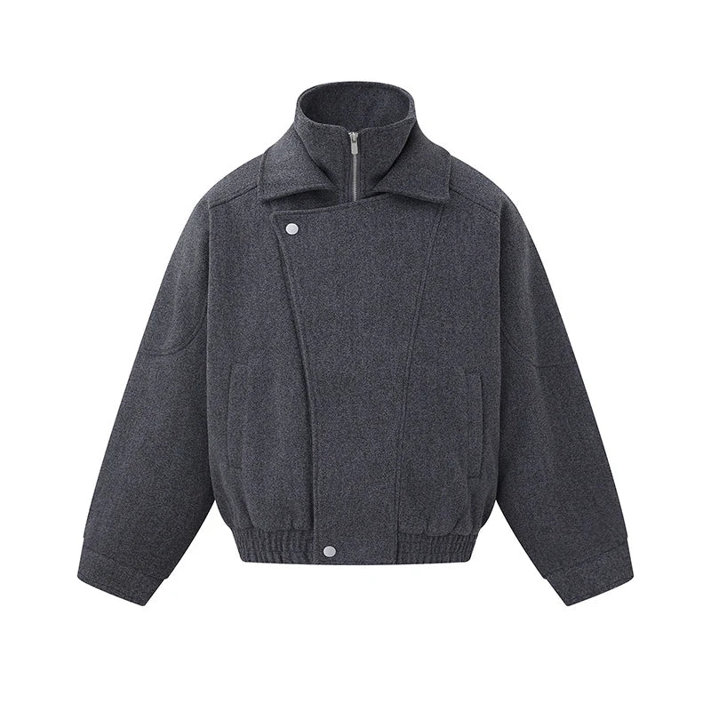 Bomber Jacket Wool Blend Boxy Fit Asymmetric Zipper