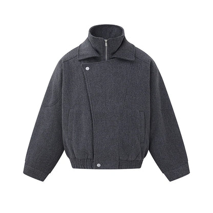 Bomber Jacket Wool Blend Boxy Fit Asymmetric Zipper