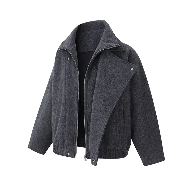 Bomber Jacket Wool Blend Boxy Fit Asymmetric Zipper