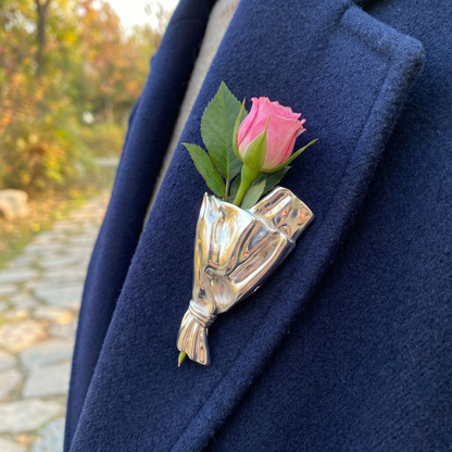 Brooch Polished Metal Vase For Real Stems