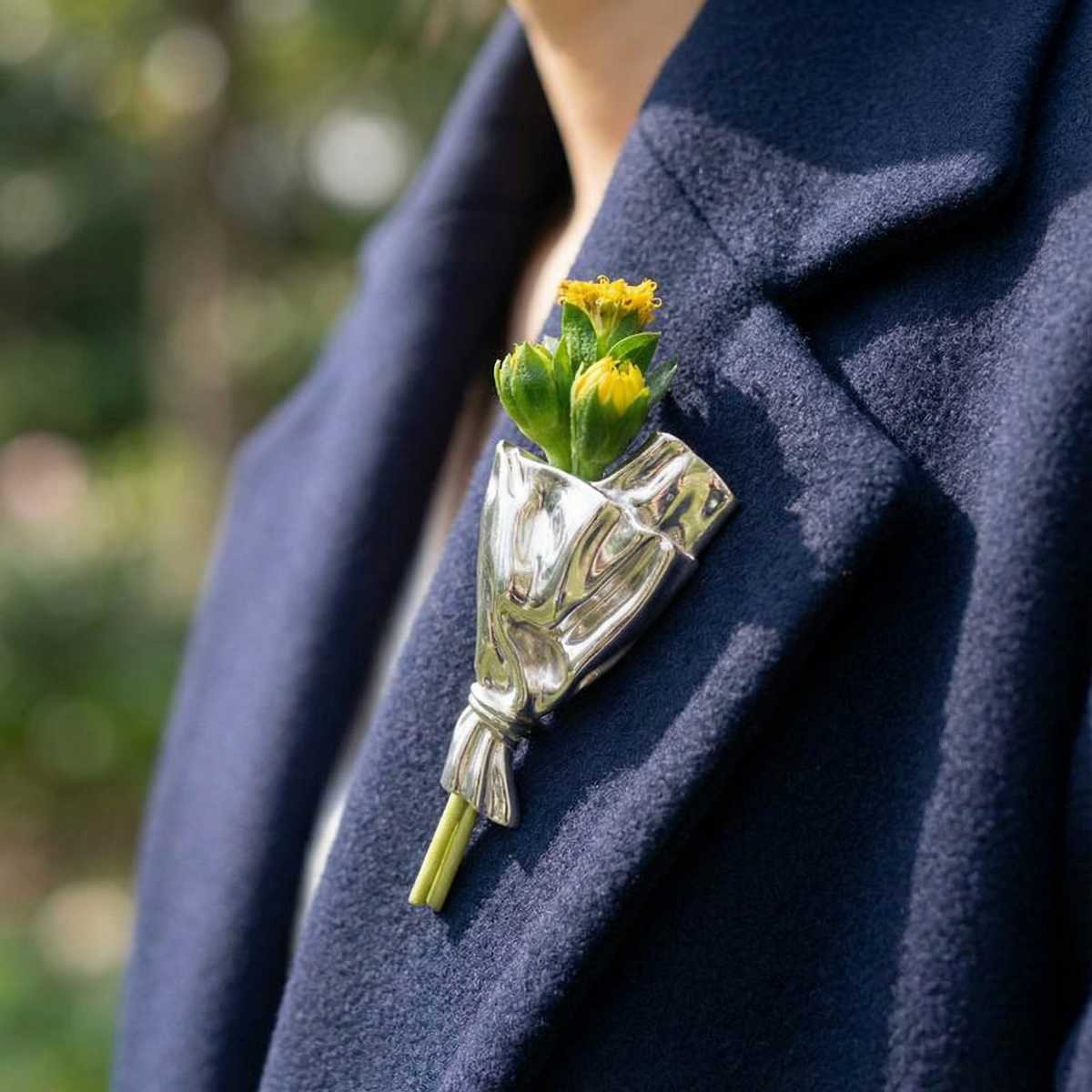Brooch Polished Metal Vase For Real Stems