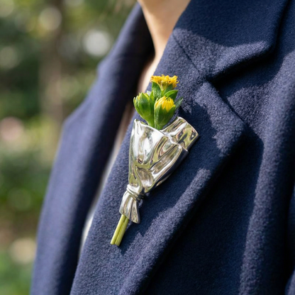 Brooch Polished Metal Vase For Real Stems