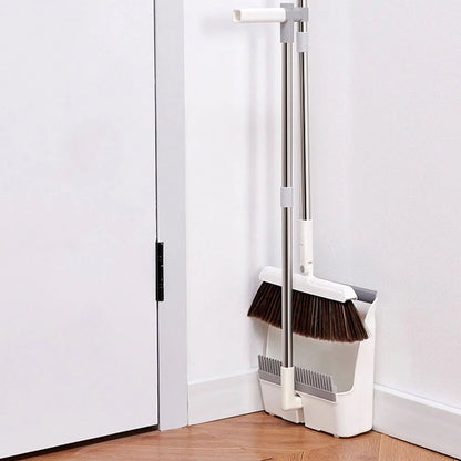 Broom & Dustpan Set Long Adjustable Handle Serrated Edge