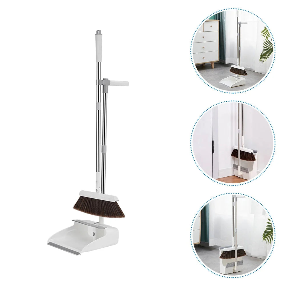Broom & Dustpan Set Long Adjustable Handle Serrated Edge