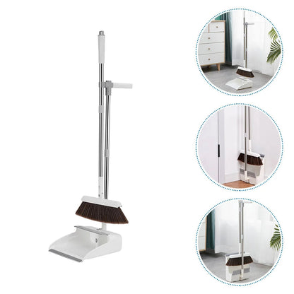 Broom & Dustpan Set Long Adjustable Handle Serrated Edge
