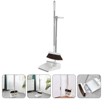 Broom & Dustpan Set Long Adjustable Handle Serrated Edge