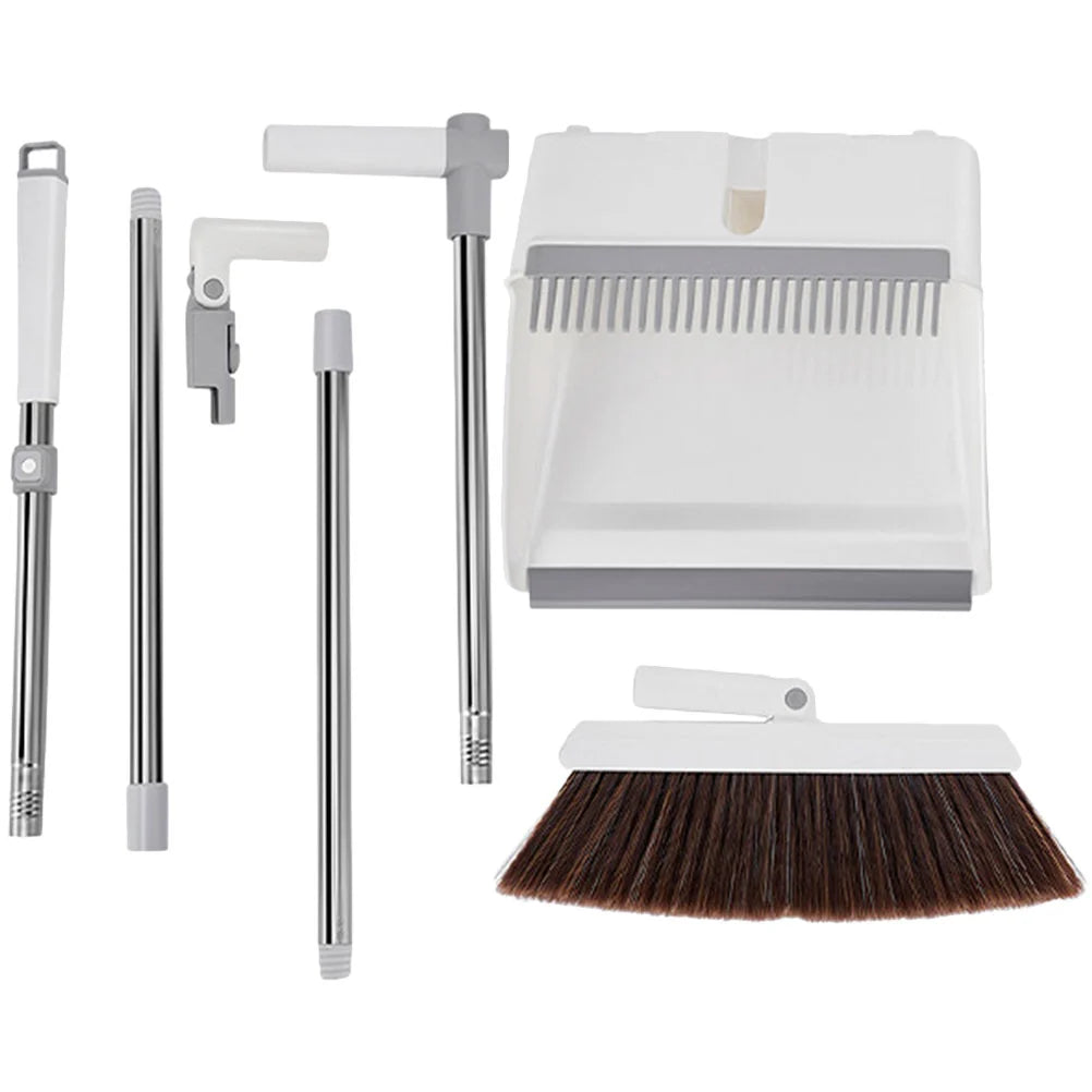 Broom & Dustpan Set Long Adjustable Handle Serrated Edge