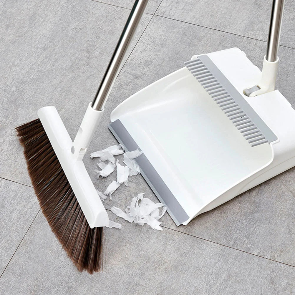 Broom & Dustpan Set Long Adjustable Handle Serrated Edge