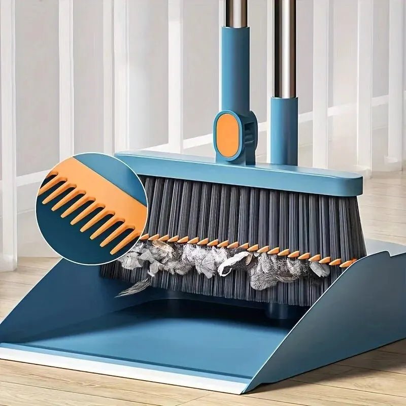 Broom & Dustpan Set Self-Cleaning Bristles & Height-Adjustable Handle