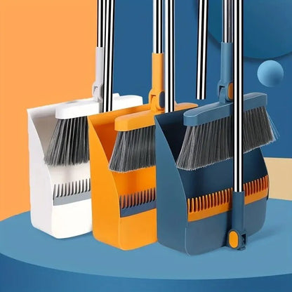 Broom & Dustpan Set Self-Cleaning Bristles & Height-Adjustable Handle