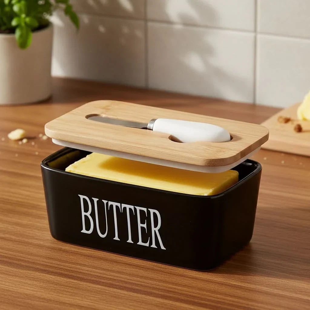 Butter Dish Ceramic & Bamboo Double Silicone Seal