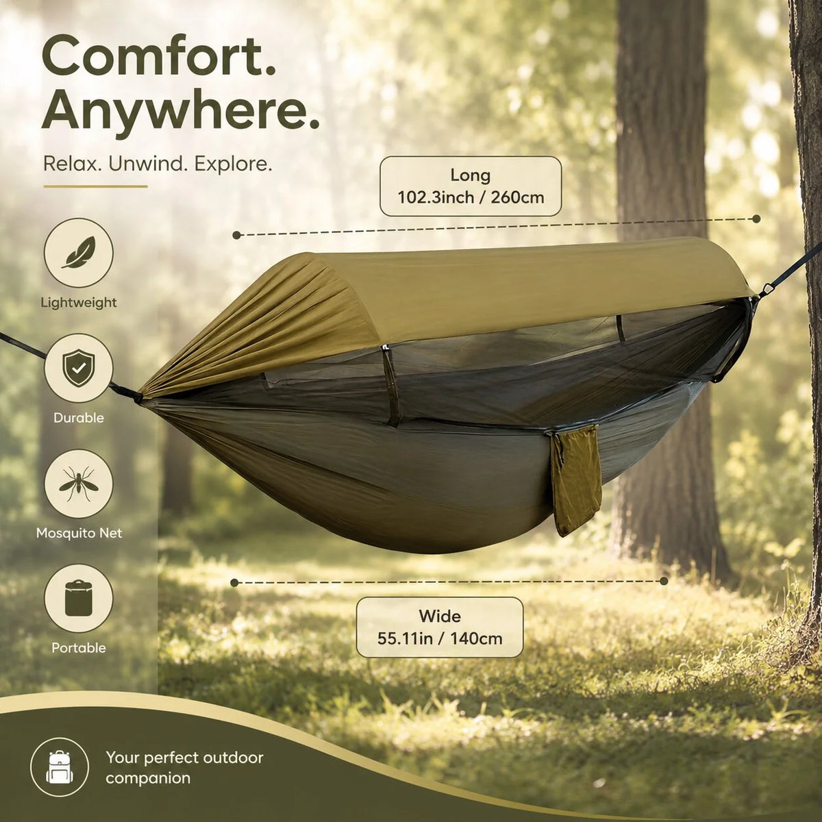 Camping Hammock Lightweight Nylon Mosquito Net & Sun Canopy
