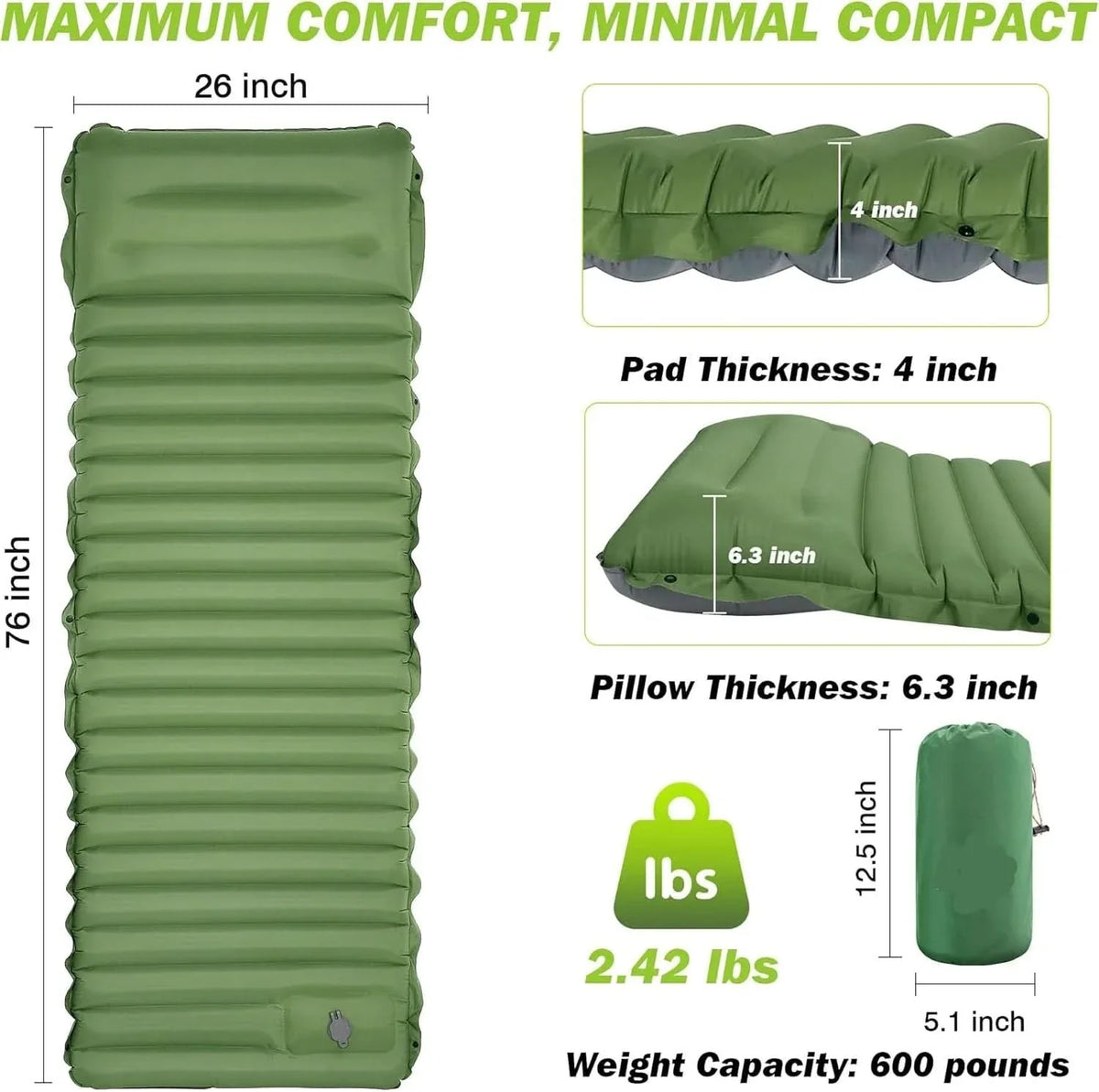 Camping Sleeping Pad Self-Inflating 4-Inch Thick Connectable