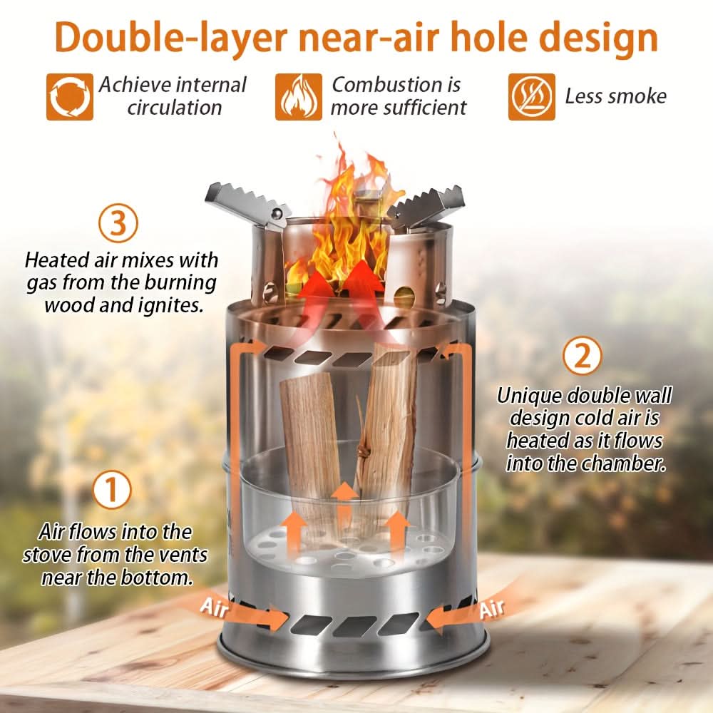 Camping Stove Stainless Steel Double-Layer Heat Circulation Foldable Frame