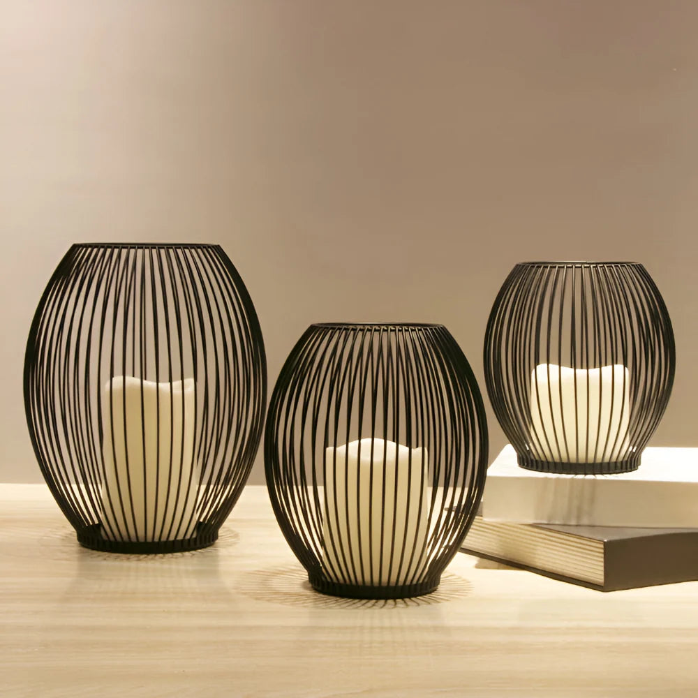 Candle Holder Open Cage Matte Black 3-Piece Set