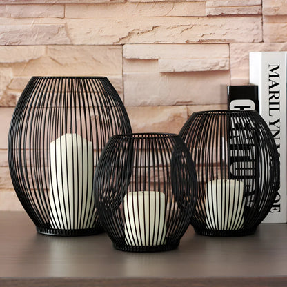 Candle Holder Open Cage Matte Black 3-Piece Set