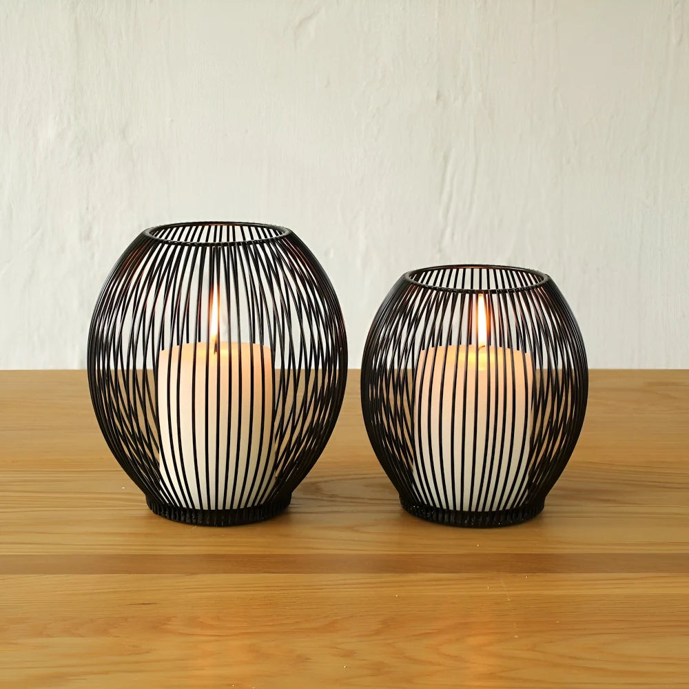 Candle Holder Open Cage Matte Black 3-Piece Set