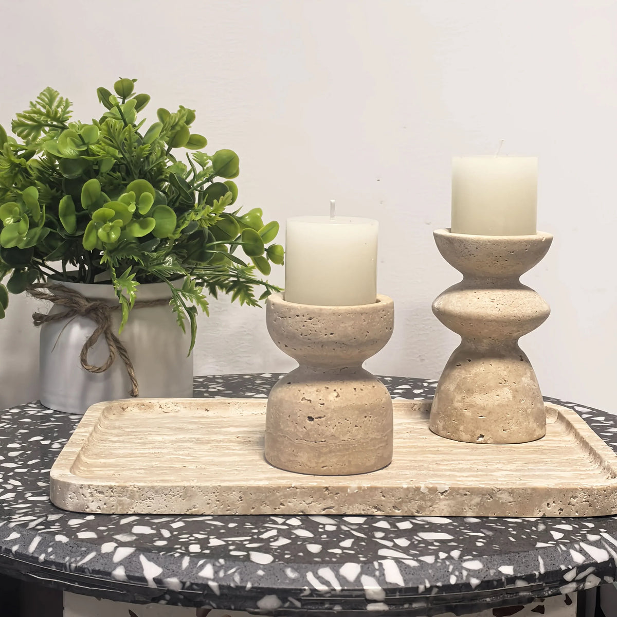 Candle Holder Set Marble & Travertine Varying Heights