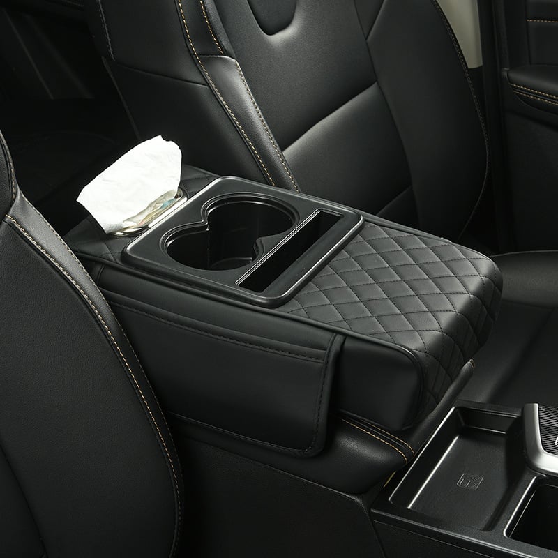 Car Armrest Cover Quilted Padded Cup Holders & Pocket
