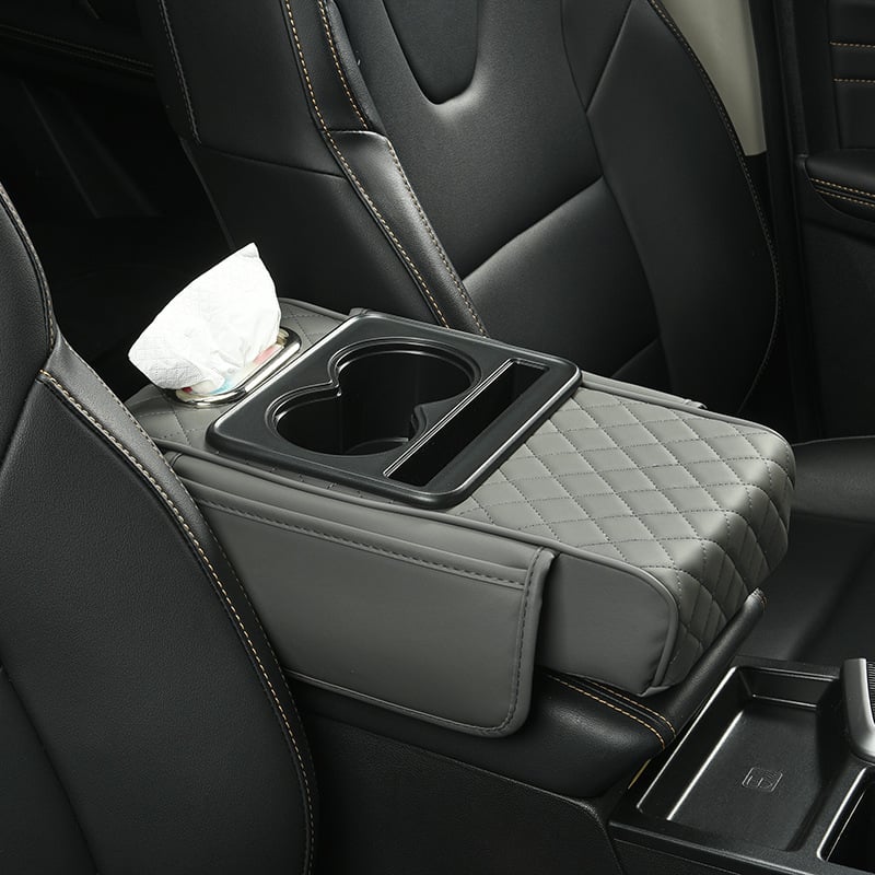 Car Armrest Cover Quilted Padded Cup Holders & Pocket