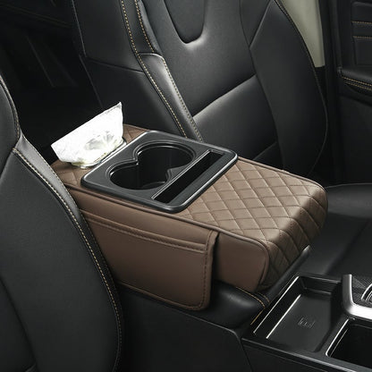 Car Armrest Cover Quilted Padded Cup Holders & Pocket