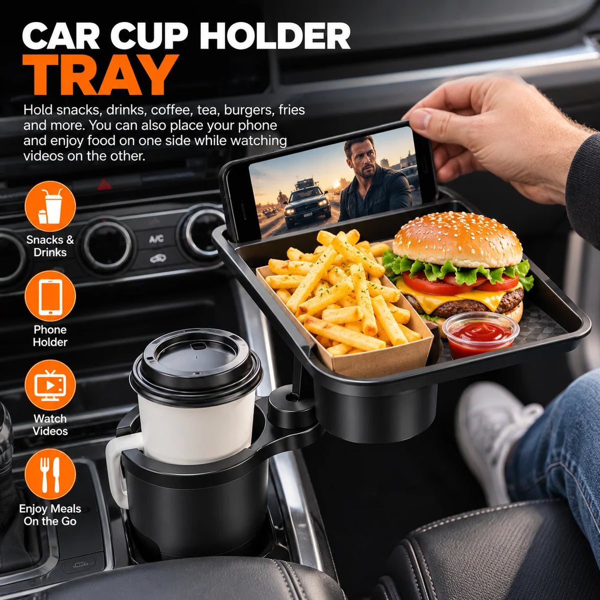 Car Cup Holder Tray 360° Adjustable With Extra Cup Holder