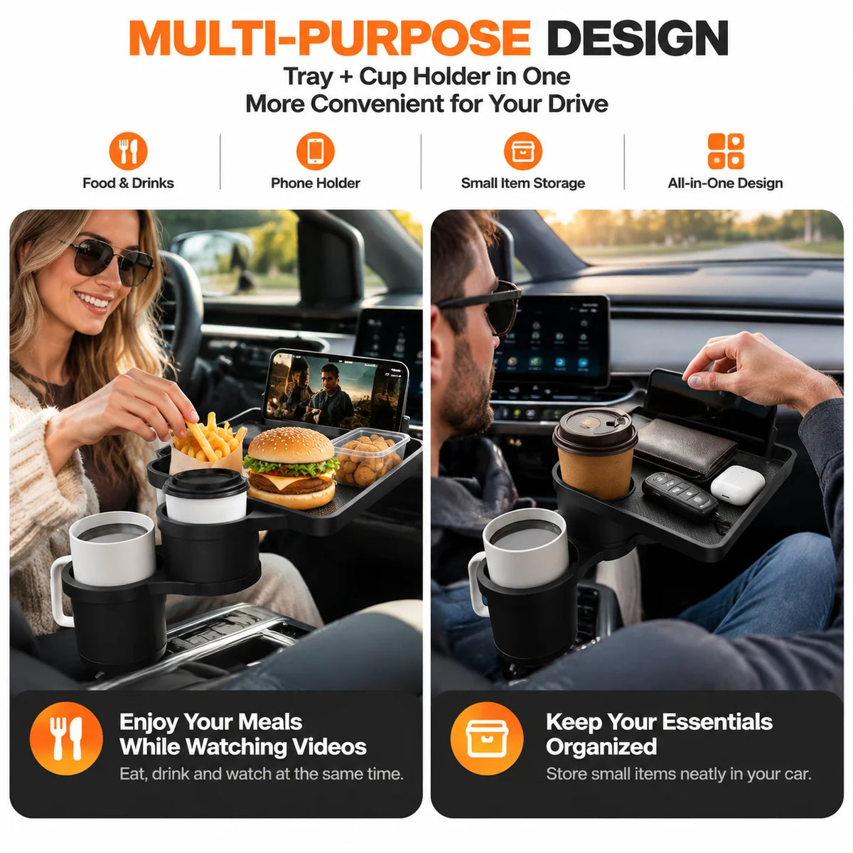 Car Cup Holder Tray 360° Adjustable With Extra Cup Holder